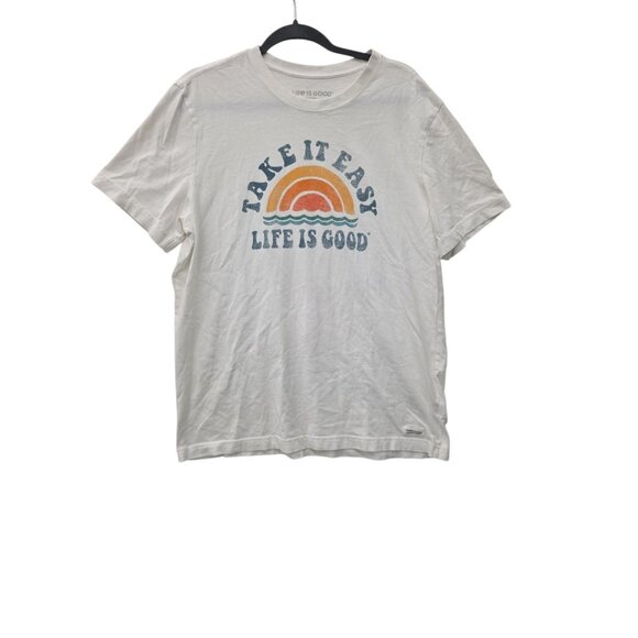 Life Is Good Large Men's Take It Easy Rainbow Waves Short Sleeve T-Shirt White - Picture 1 of 8